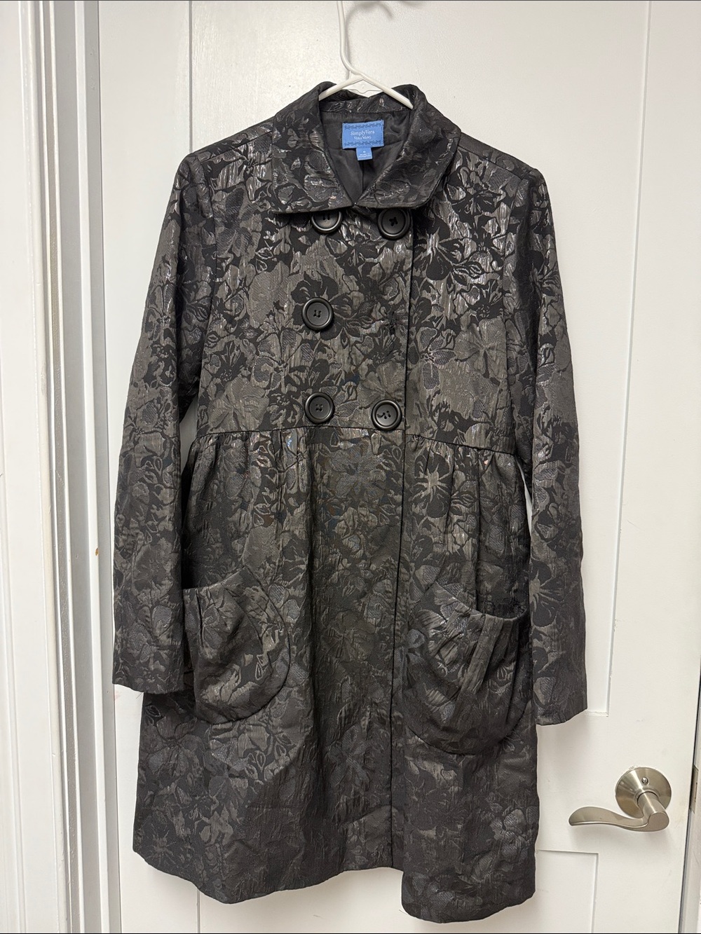 Simply Vera Vera Wang Black Floral Jacquard Double-Breasted Pea Coat